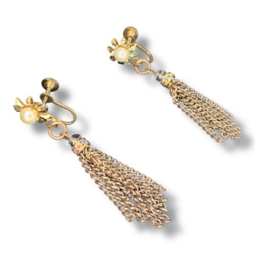 Vintage Brass With Patina Dangle Earrings Clip On Screw Back Floral Faux Pearl